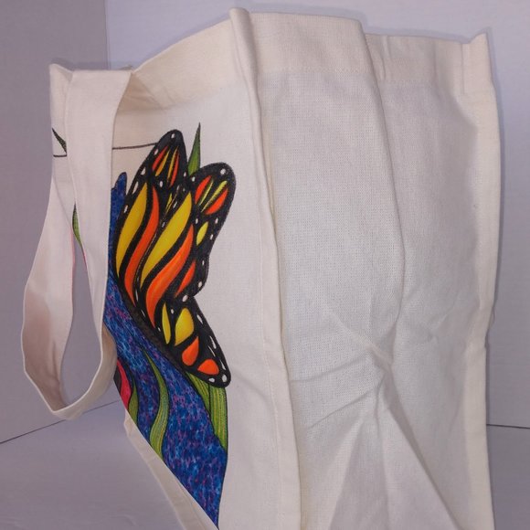 Hand-Painted Butterfly Tote Bag: Floral Art Reusable Canvas Tote 14x13x7 - Picture 4 of 14